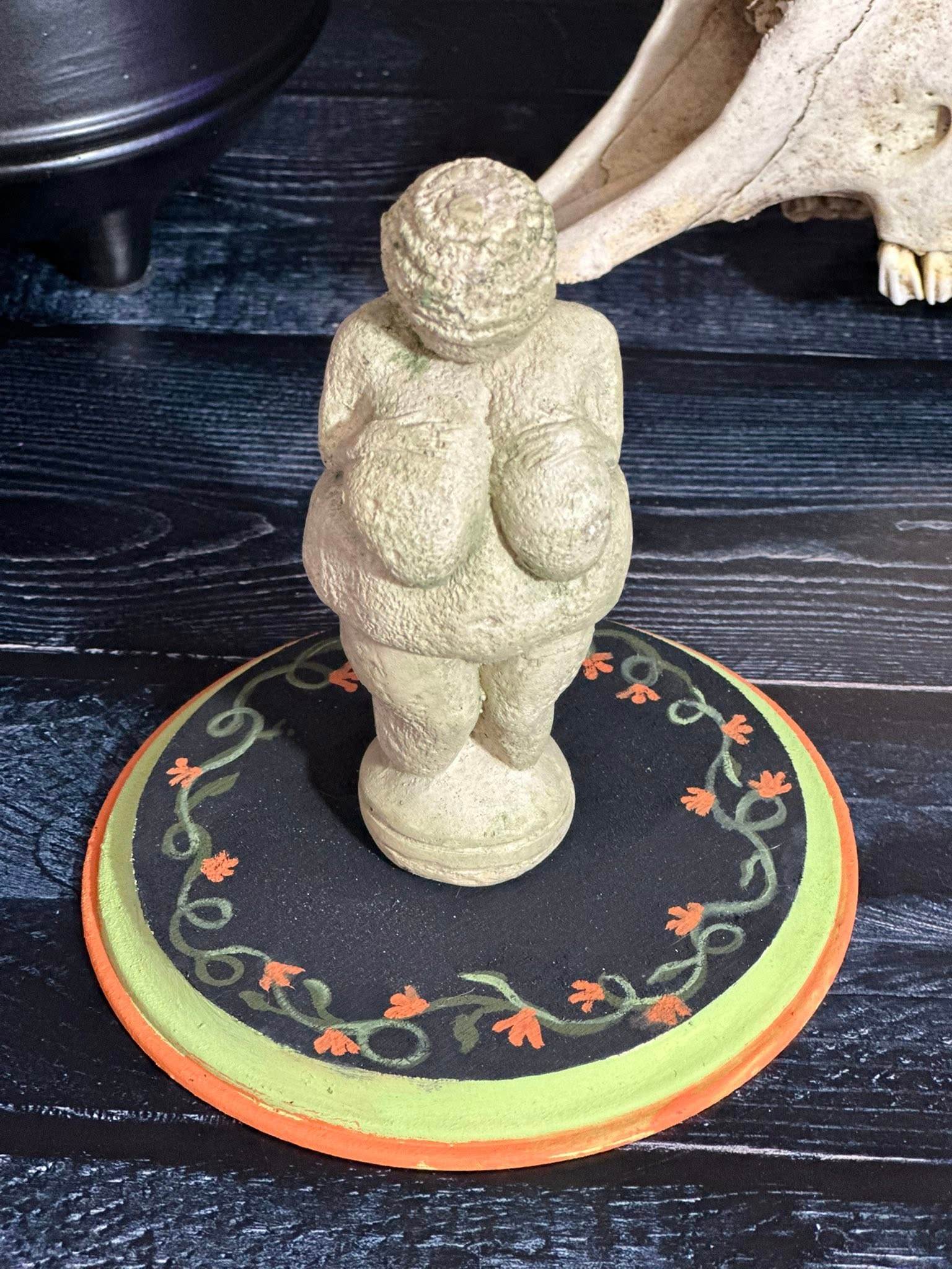 Venus of Willendorf sculpture in sage green on painted floral base by Loren Morris, Primitive Witchery